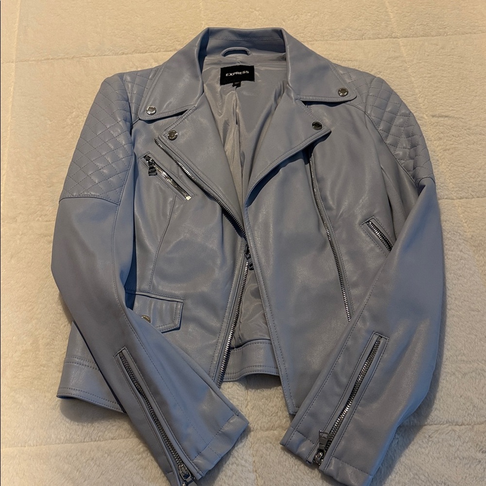 Express Sky Blue Faux Leather Biker Jacket